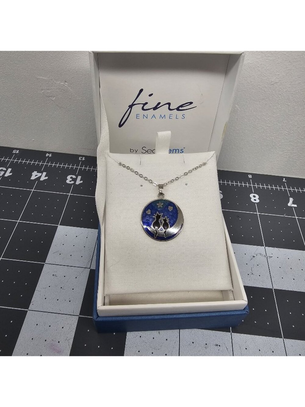 Sea Gems Black Cats on the Moon Pendant Necklace Silver Tone Blue Enamel